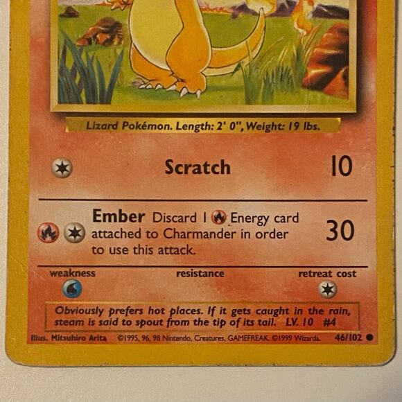 46 102 pokemon card Charmander Base Set 1999 Unlimited VG, 46/102 [1] Scratch (10) [1R] Ember (30) Discard 1 Fire Energy card to use this attack. 1999 Pokemon Base Set Charmander